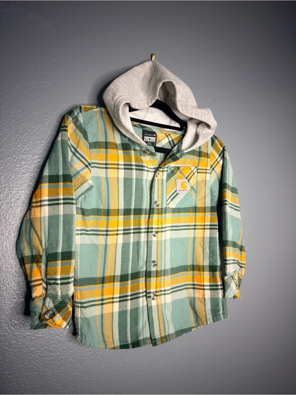 Carhartt Green, Yellow & Cream Plaid Hooded Button-Down Shirt Boys 6